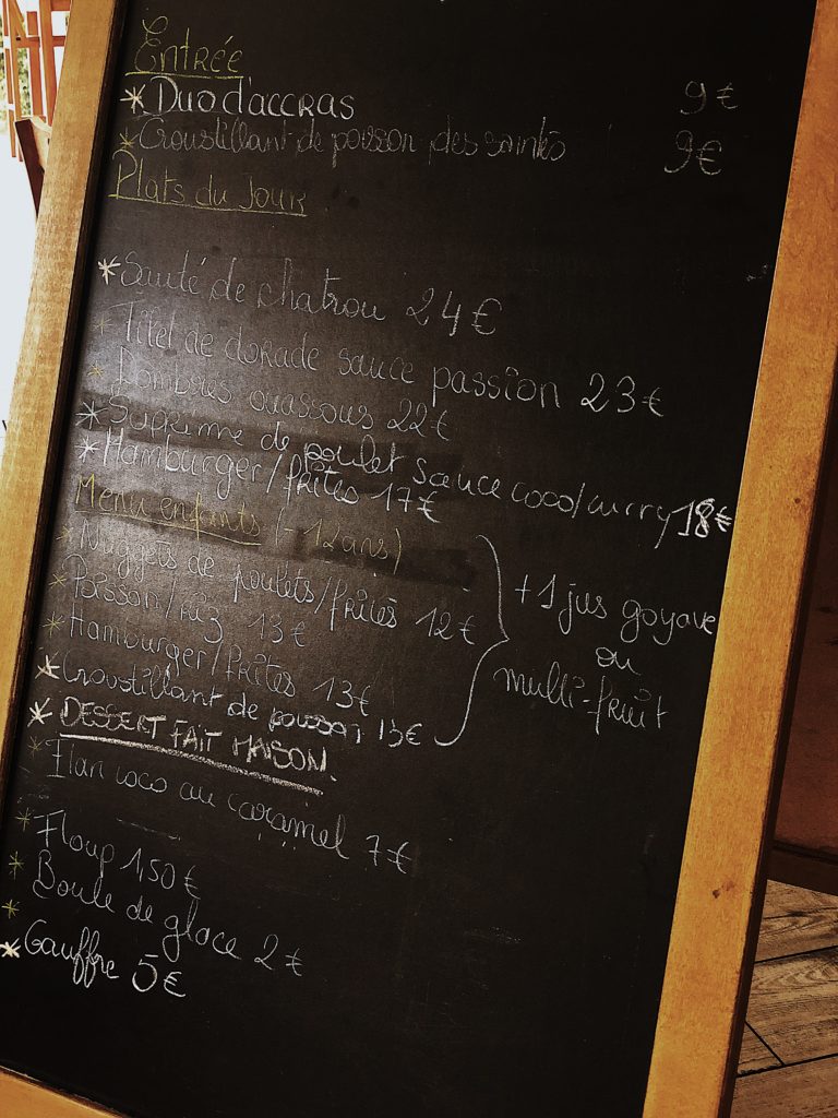 Carte du restaurant le pik à pointe noire en Guadeloupe